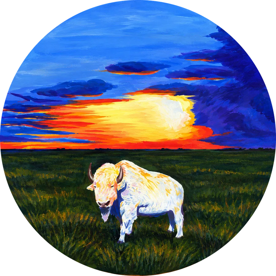 Painting of a white buffalo standing on the prairie under a blazing sunset sky